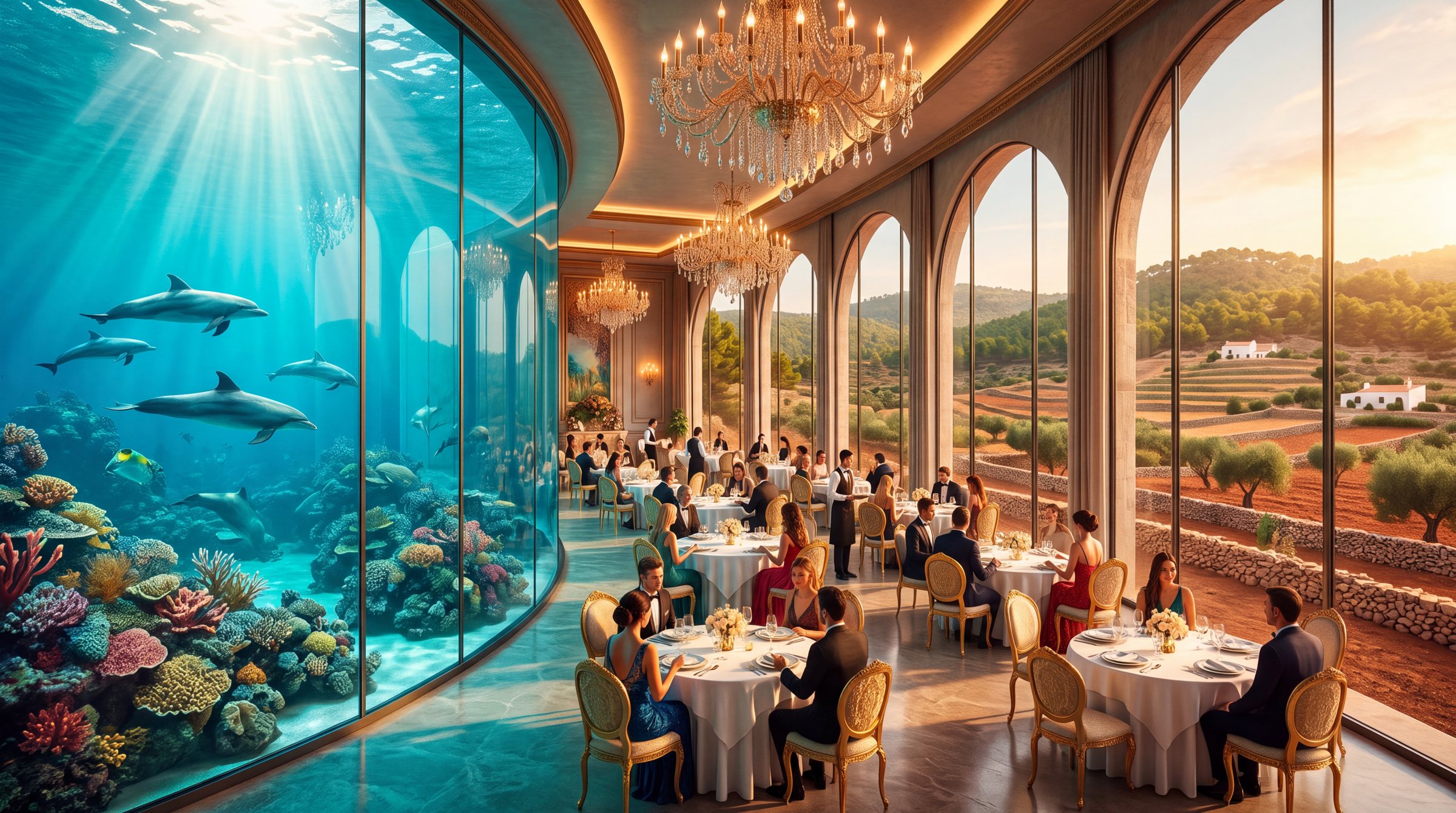 Diners at Nereida, the underwater restaurant at The Lagoon