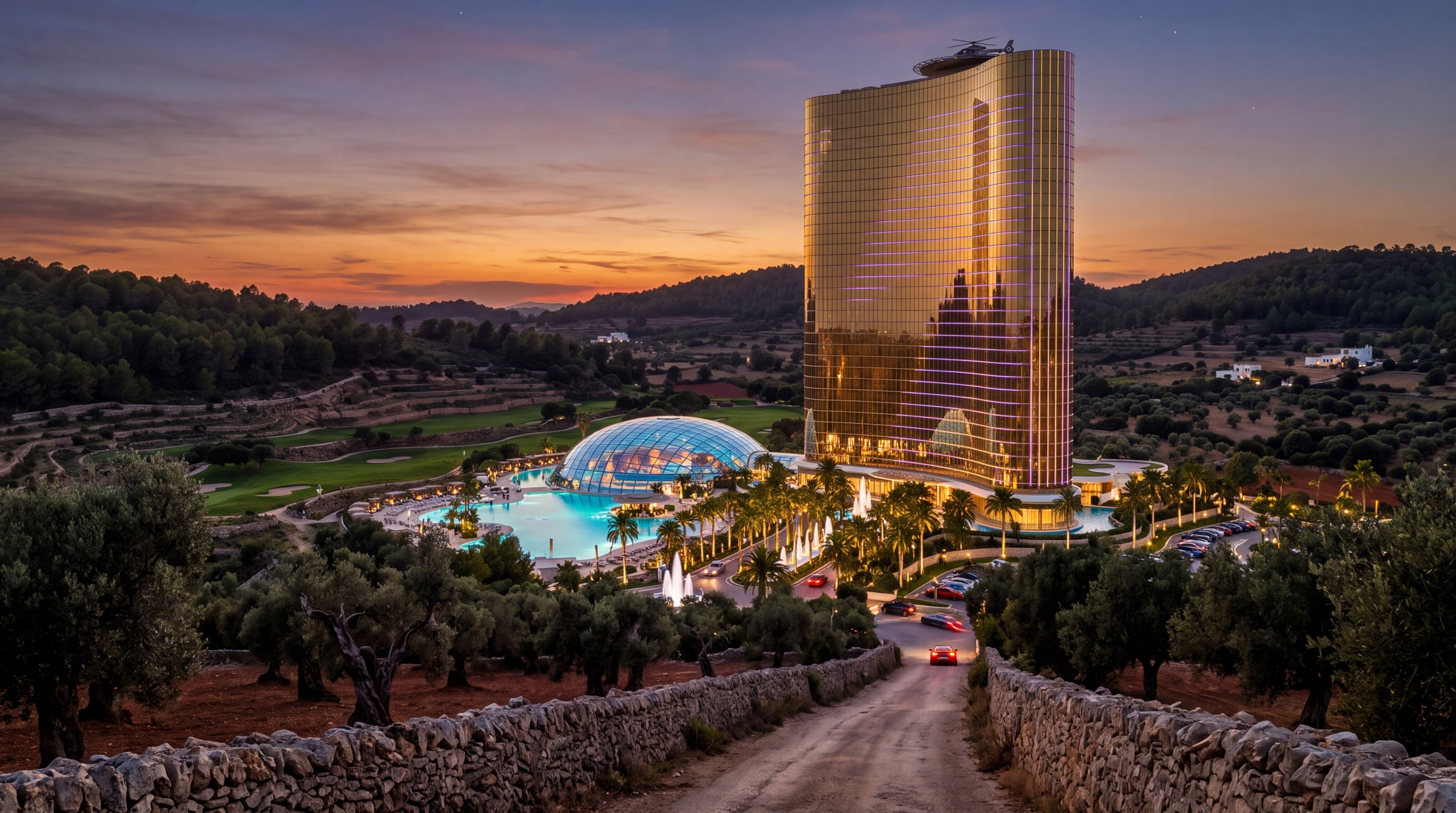 The Davenport Grand tower illuminated at dusk